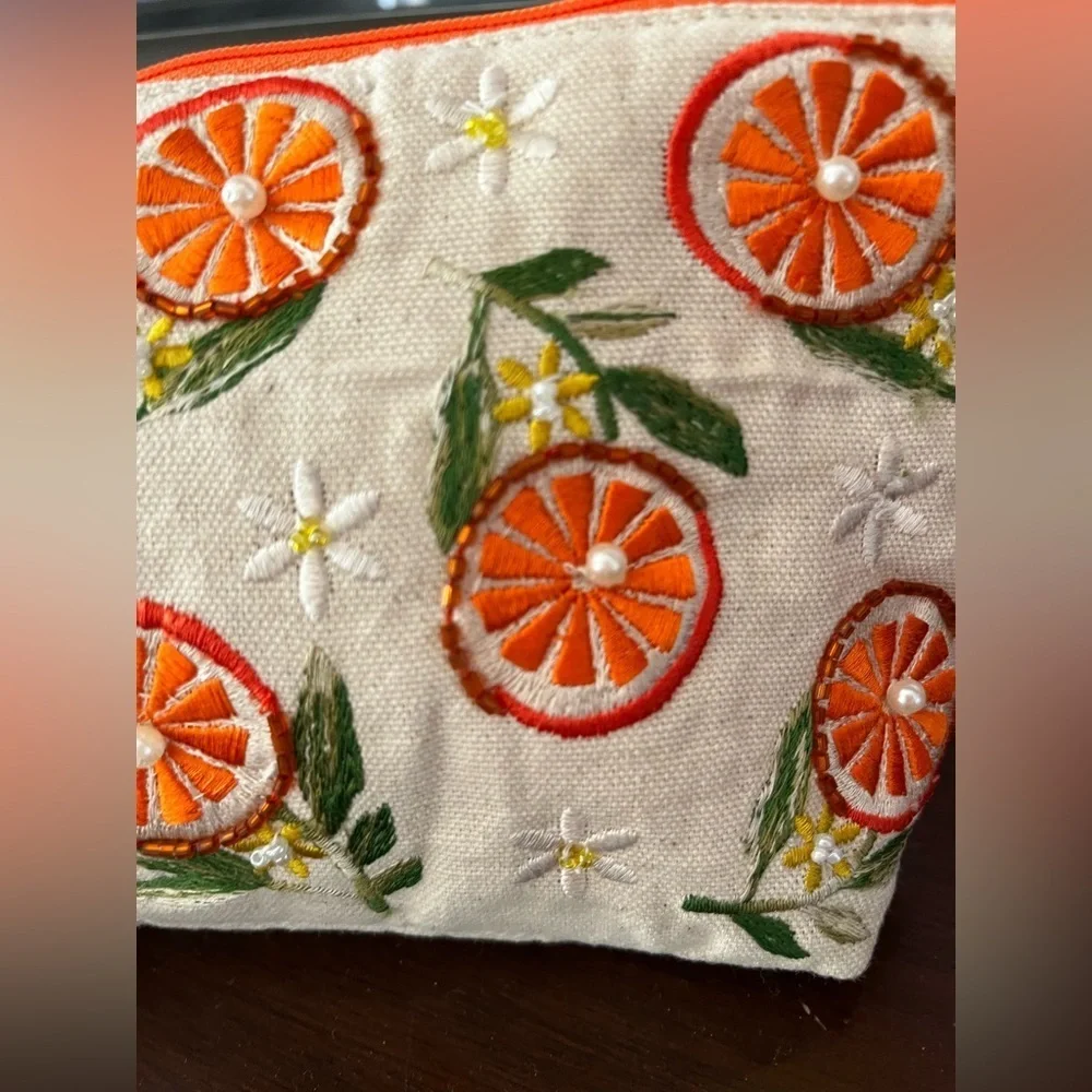 Antik Kraft Citrus orange slices Embroidered Pouch cosmetic bag